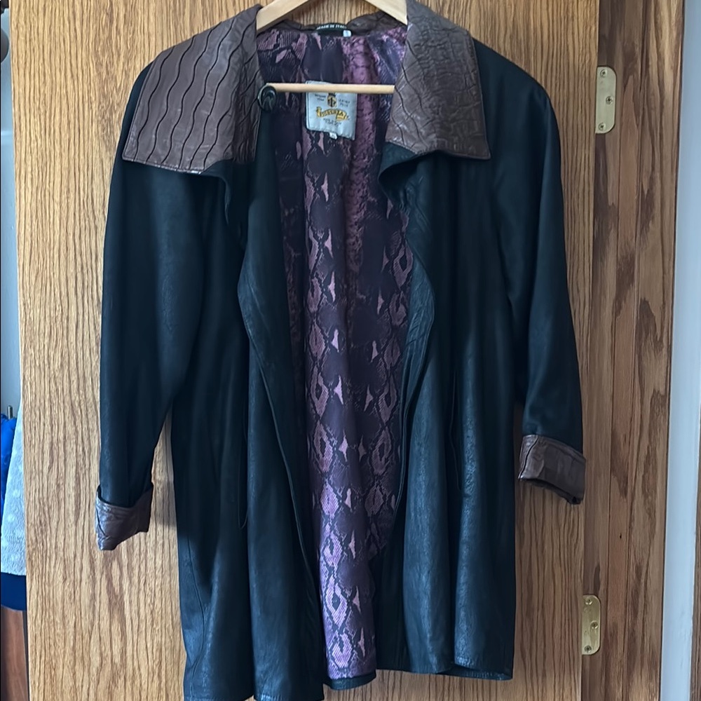 Florenza Black and Brown Leather Jacket with Quilted Collar. Made in Italy